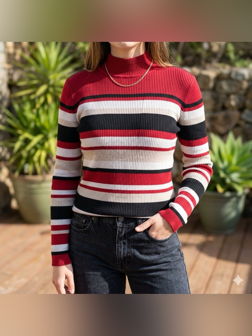 Croft & Barrow Ribbed Striped Mock Neck Turtleneck Sweater Red Black Beige L